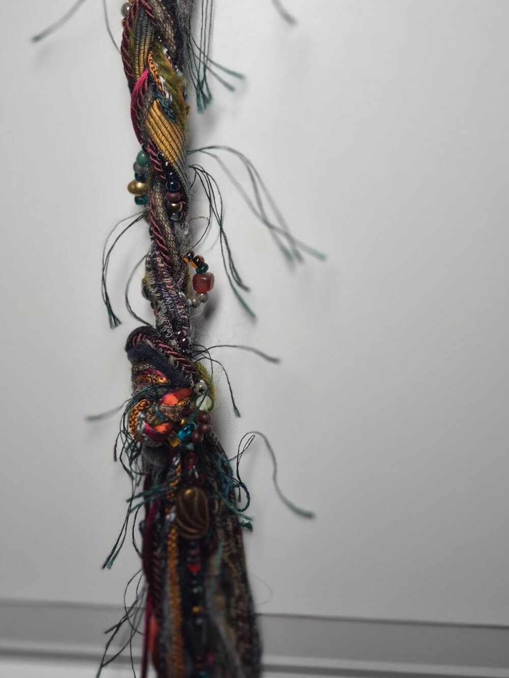 Handmade Boho Hair Wrap featuring Vibrant Yarn, Textured Fibers, Beads, Ribbons - Picture 6 of 9